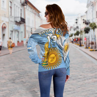 (Custom Text and Number) Argentina Football Off Shoulder Sweater Vamos La Albiceleste Champions World Cup Vibe Flag LT13 - Wonder Print Shop