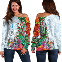 Custom Personalised Fiji Off Shoulder Sweater Proud Fijian Tapa mix Tagimoucia Flowers LT13 - Wonder Print Shop