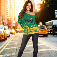 (Custom Text and Number) Jamaica Athletics Off Shoulder Sweater Jamaican Flag With African Pattern Sporty Style - Wonder Print Shop