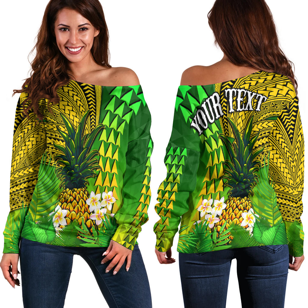 custom-personalised-hawaii-pineapple-off-shoulder-sweater-plumeria-frangipani-mix-tribal-pattern