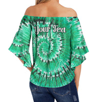 Green off-shoulder tie-dye top with wide bell sleeves and back graphic text "your Text"