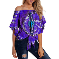 Purple off-shoulder tie-dye waist wrap top for women, bold front medallion print