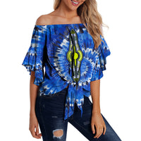 Off-shoulder tie-dye waist wrap top, blue with bold tribal print and tie detail