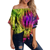 Off-shoulder waist wrap top, multicolor dashiki tie-dye pattern, flared sleeves
