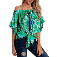Green off-shoulder tie-dye waist wrap top with bell sleeves and front tie, printed motif