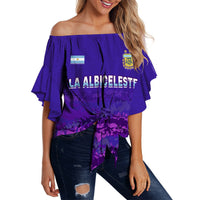 Women’s off-shoulder purple wrap top with flared sleeves and AFA/La Albiceleste print