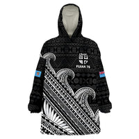 (Custom Text And Number) Fiji Sevens Rugby Fijian 7s Black Tapa Polynesian Art Wearable Blanket Hoodie - Wonder Print Shop