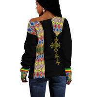 Habesha Tilet Pattern Off Shoulder Sweater Ethiopia Emblem - Wonder Print Shop