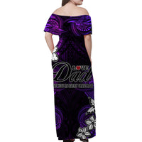 Back view off-shoulder maxi dress in purple-black with 'Love Dad' print