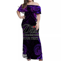 Off-shoulder purple-black maxi dress with 'Love Dad' text and tribal motifs