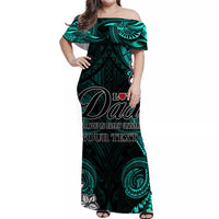 Turquoise Dad off-shoulder maxi dress with Polynesian pattern, Love Dad and custom text
