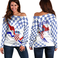 Croatia Off Shoulder Sweater Checkerboard Grunge Style - Blue Color - Wonder Print Shop
