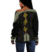 Eritrea Tilet Pattern Off Shoulder Sweater Eritrean Cross - Black - Wonder Print Shop