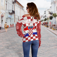 Croatia Checkerboard Off Shoulder Sweater Croatia Flag with Eagle - Wonder Print Shop
