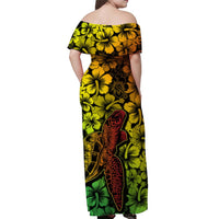 Back view off-shoulder long dress, multicolor hibiscus floral with turtle motif