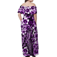 Purple off-shoulder maxi dress, hibiscus and turtle print, back view