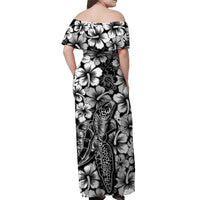 Women’s black maxi dress, off-shoulder neckline with hibiscus and turtle graphic