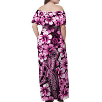 Pink back view off-shoulder maxi dress with hibiscus and turtle print