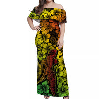 Off-shoulder long tropical dress, multicolor hibiscus floral with turtle print