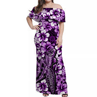 Purple off-shoulder maxi dress with white hibiscus and turtle print, women