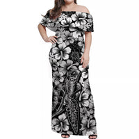 Black off-shoulder long dress with white hibiscus and turtle print, women’s style