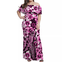 Pink off-shoulder long dress with hibiscus flowers and turtle print, women