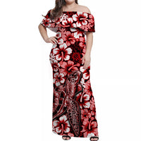 Women’s off-shoulder long dress in red with white hibiscus and sea turtle print