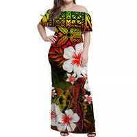 Women’s off-shoulder long dress, multicolor tropical turtle & floral print