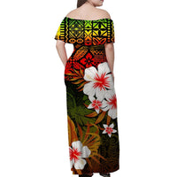 Off-shoulder maxi dress, multicolor tropical floral print, back view