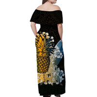 Women's off-shoulder long dress, off-shoulder neckline, pineapple floral multicolor print