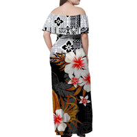 Black long off-shoulder dress, back view, tropical floral and leaf print with wide neckline