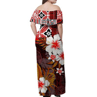 Back view of red off-shoulder long maxi dress with tropical flower print