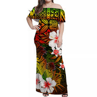 Women’s off-shoulder maxi dress, multicolor tropical floral print