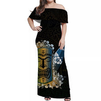 Black off-shoulder long dress with multicolor tiki and floral print, women’s style