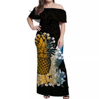 Women's off-shoulder long dress, black base with pineapple and floral print, multicolor