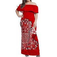 Red off-shoulder long dress with ruffled neckline and white floral print, women