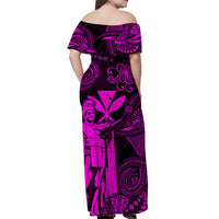 Off-shoulder maxi dress with pink Polynesian-style print, back view