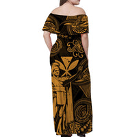 Off-shoulder maxi dress back view, black with gold Polynesian king and map print