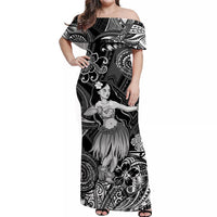 Black off-shoulder maxi dress with hula dancer artwork and decorative island swirl patterns