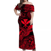 Red off-shoulder long dress with Polynesian turtle and map print, women’s style