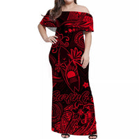 Red off-shoulder long dress with surfing, floral and geometric Polynesian print