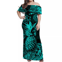 Off-shoulder long dress, turquoise pineapple print on dark base