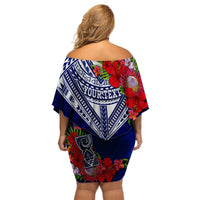 Custom Personalised Guam Chamorro Off Shoulder Short Dress Guaman Latte Stone Tropical Flowers Blue Version - Wonder Print Shop