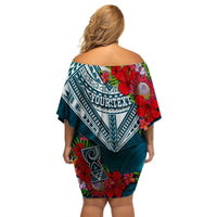 Custom Personalised Guam Chamorro Off Shoulder Short Dress Guaman Latte Stone Tropical Flowers Turquoise Version - Wonder Print Shop