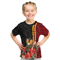 Black crew-neck T-shirt with bird and tropical red flowers, vertical Papua New Guinea text