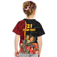 Black T-shirt back print with bird, tropical red flowers, and YOUR TEXT with 21