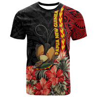 Black crew-neck T-shirt with bird, tropical flowers, and vertical colorful Papua New Guinea text