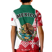 Kids polo shirt back design with green "MEXICO" and colorful eagle on red Aztec pattern