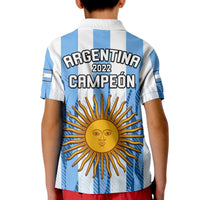 Kids Argentina football polo shirt, back text Argentina 2022 Campeon and sun emblem