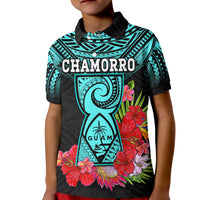 Custom Chamorro Guam Polo Shirt KID Guaman Latte Stone Tropical Flowers Turquoise Style - Wonder Print Shop